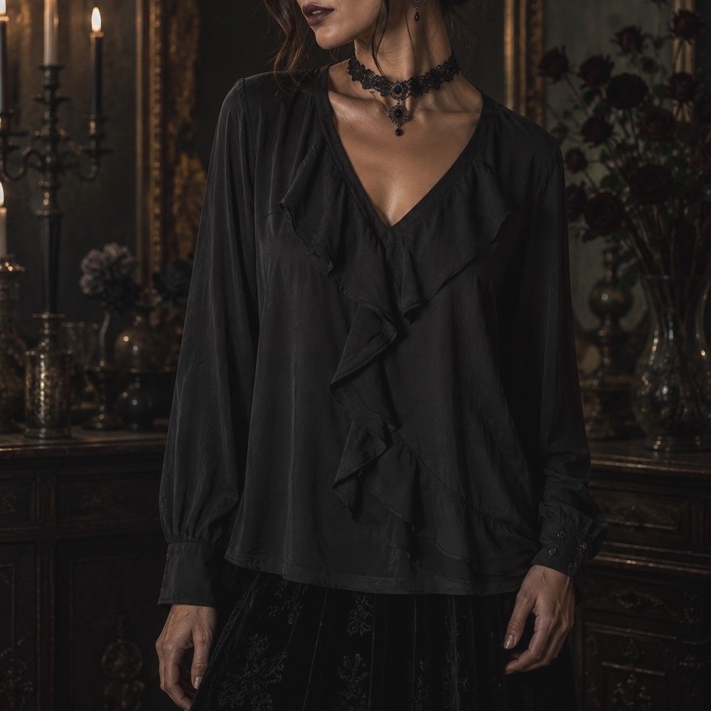 NY & Co Peasant top Womens L Black Whimsigoth Goth witchy Ruffle dark romantic